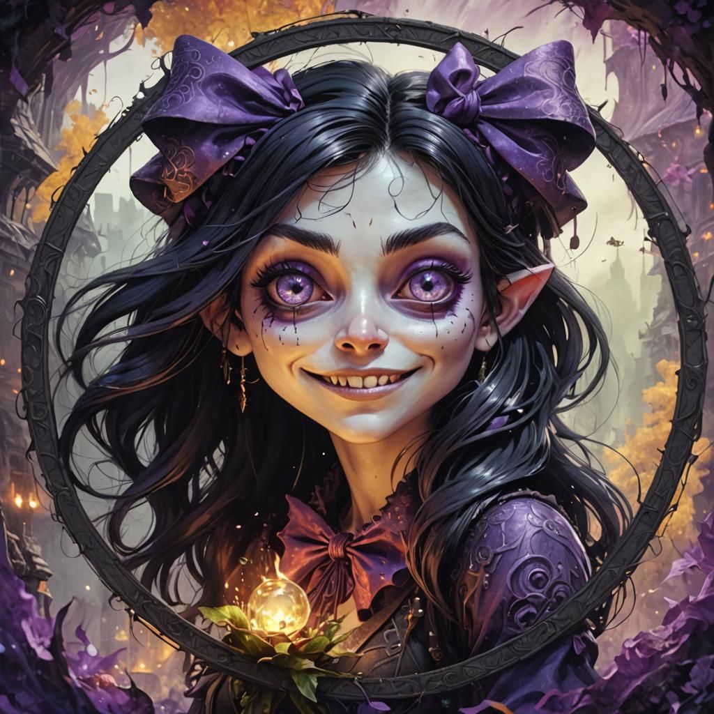 Whimsical Goblin Girl in Firey Frame, Batik Watercolour