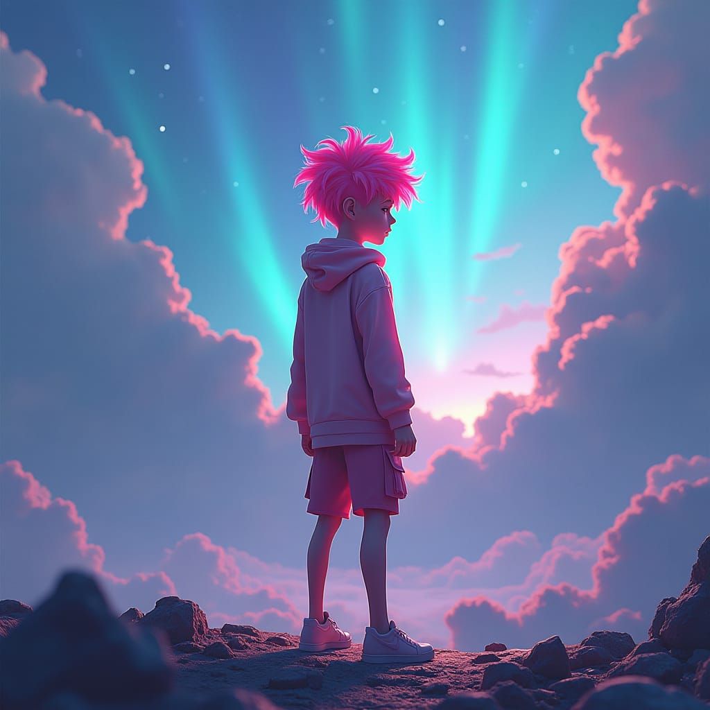 Pink-Haired Boy in Mystical Dreamscape, Matte Painting