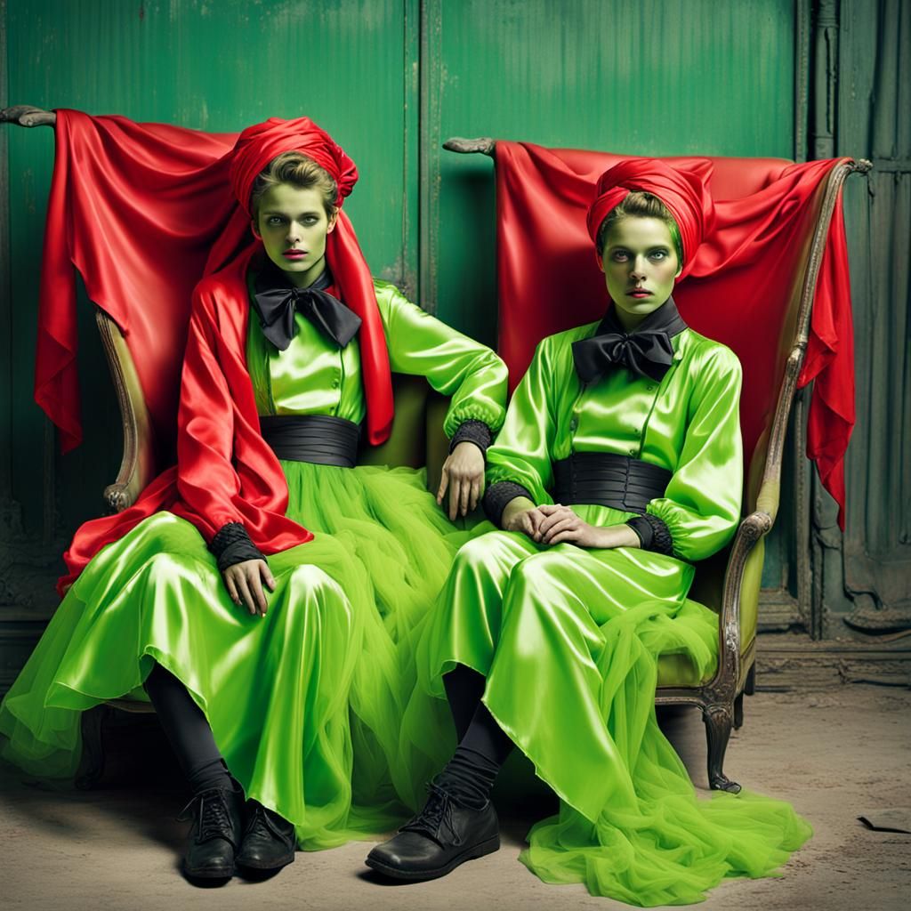 Bedraggled Twins Reclining on Satin Chaise Lounge