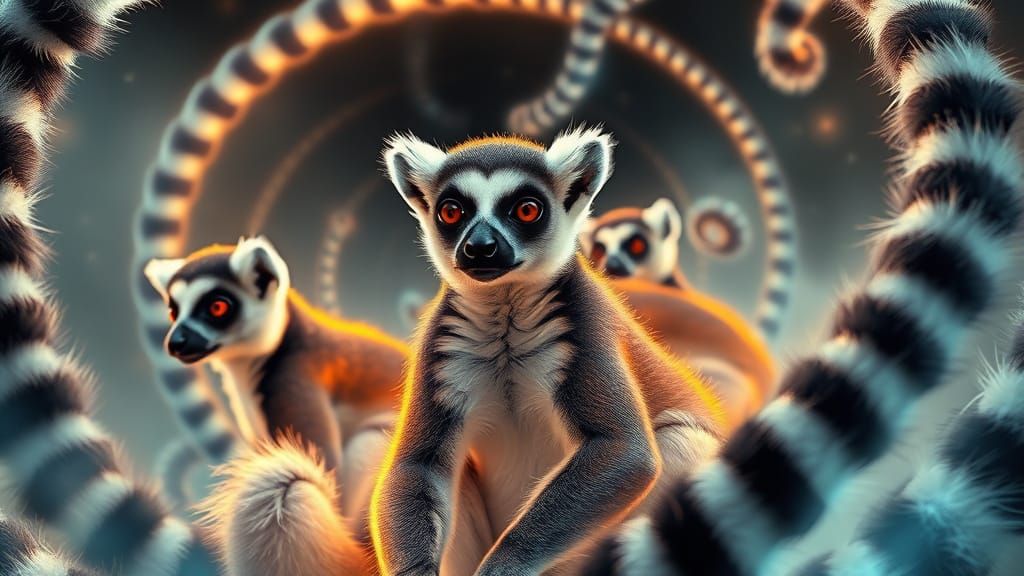 Lemurs in Neo-Fibonacci Swirl with Bioluminescent Feathers