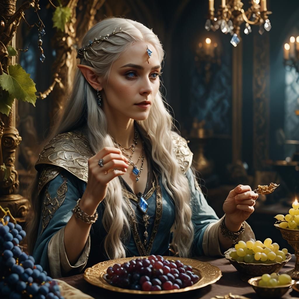 Ethereal Elf Receiving Jewels in Opulent Room