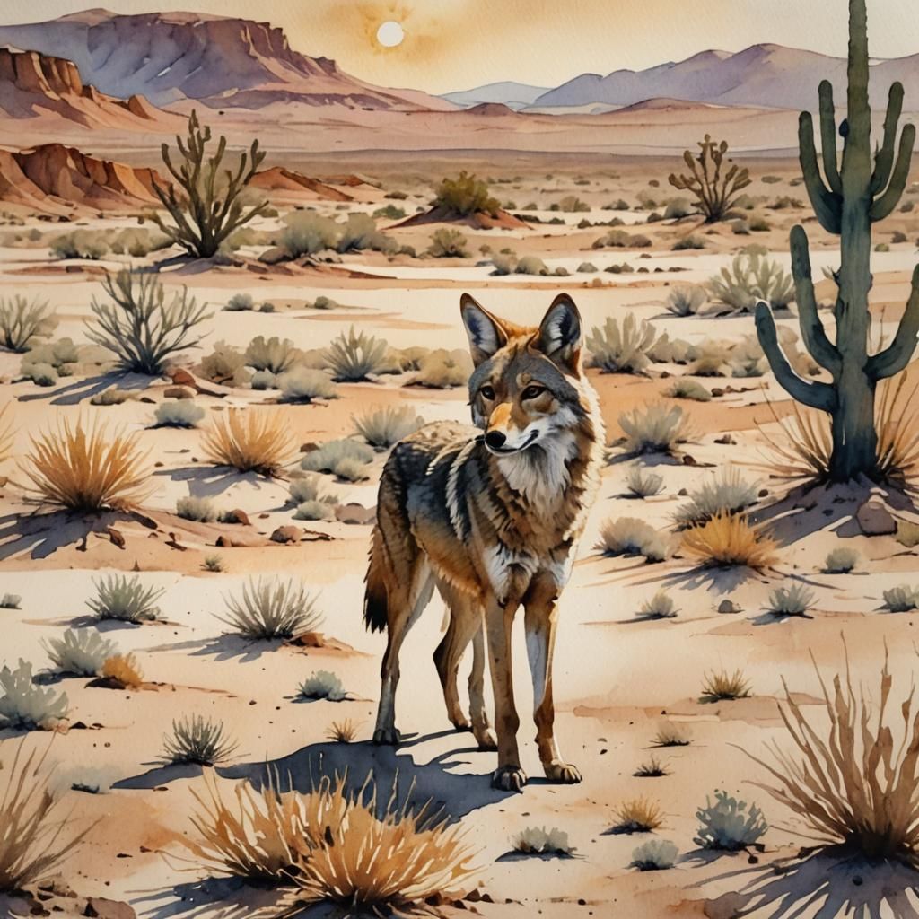 Coyote in Desert Landscape as Watercolor