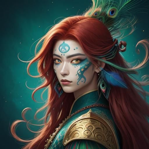 Fantasy Portrait: Asian Man with Peacock Details