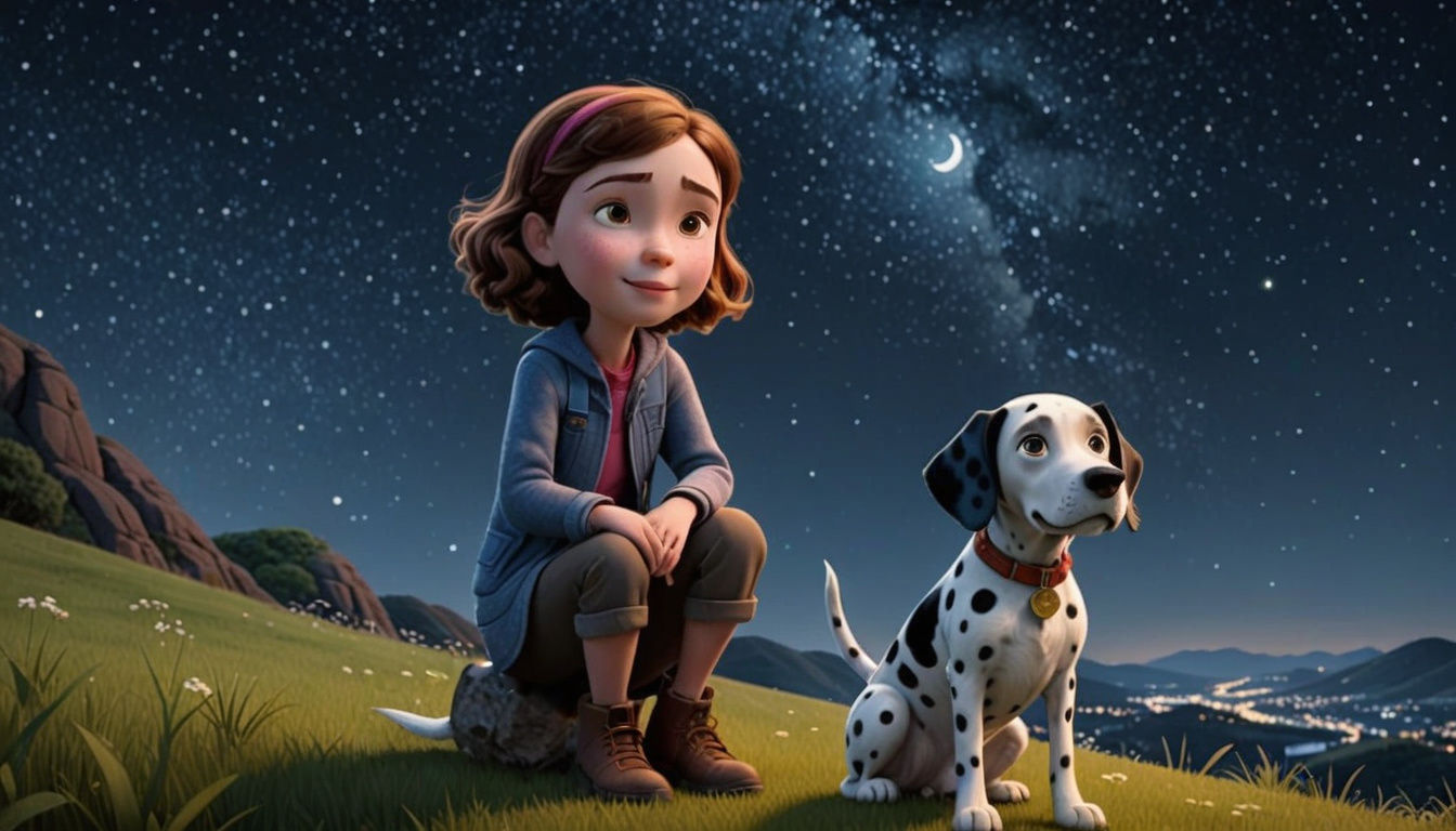 Little Girl and Her Faithful Dalmatian Under the Starry Nigh...