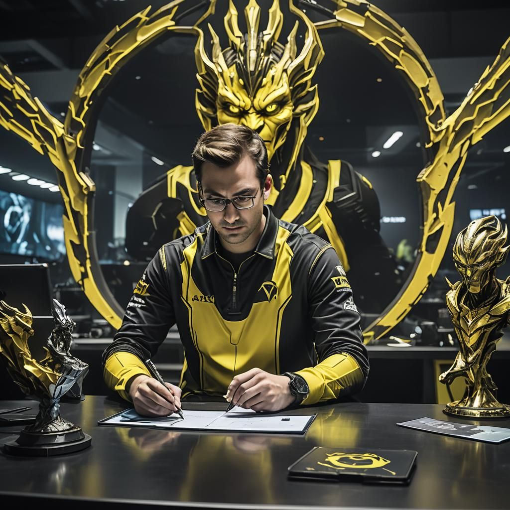 Esports Director Inspecting Team Roster in Futuristic Office