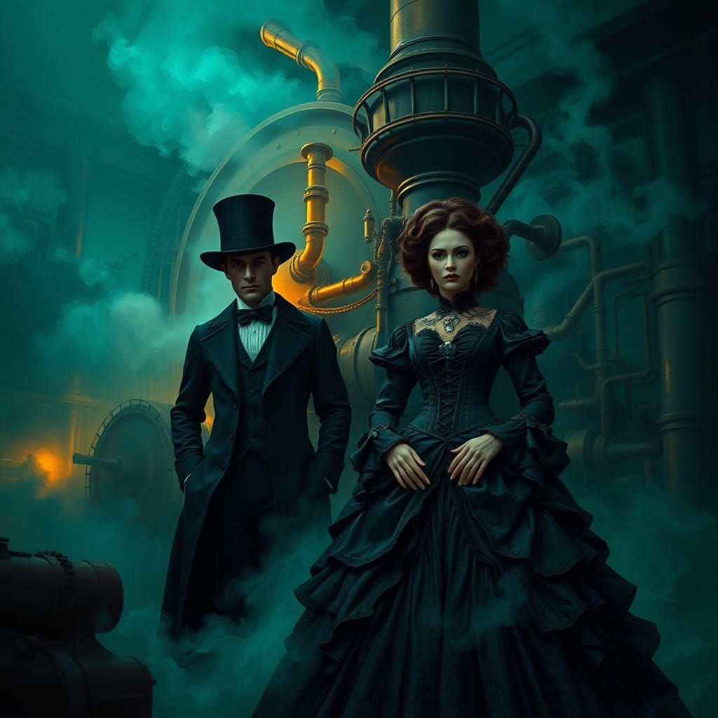 Ethereal Victorian Steampunk Scene in Ominous, Golden Light