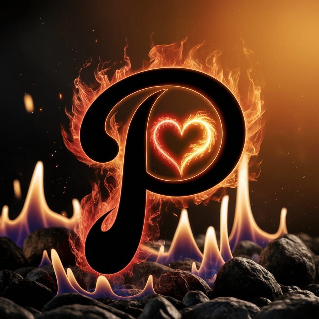 Fiery Letter P with Glowing Heart