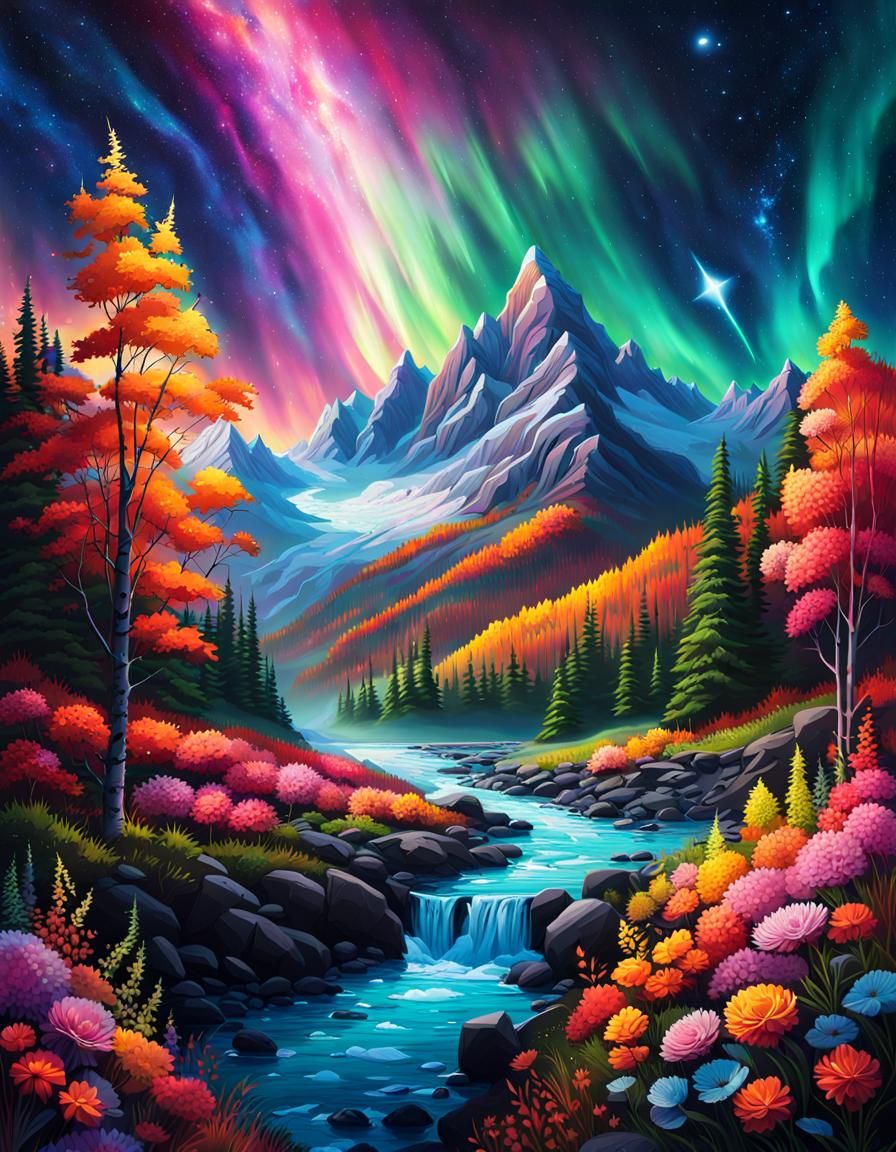 Mountain Flowers with Aurora in Splash Art Style