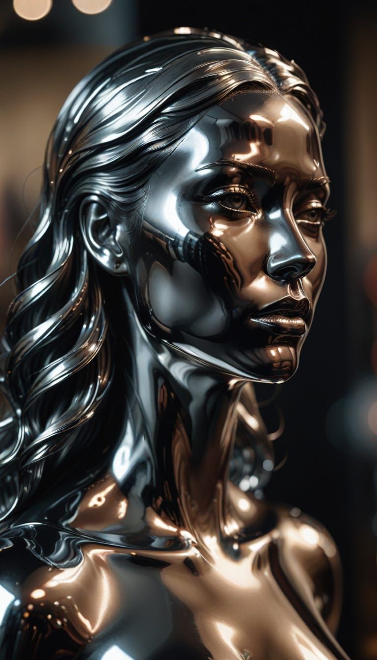 Hyperrealistic Chrome Woman Sculpture in Oil Painting Style