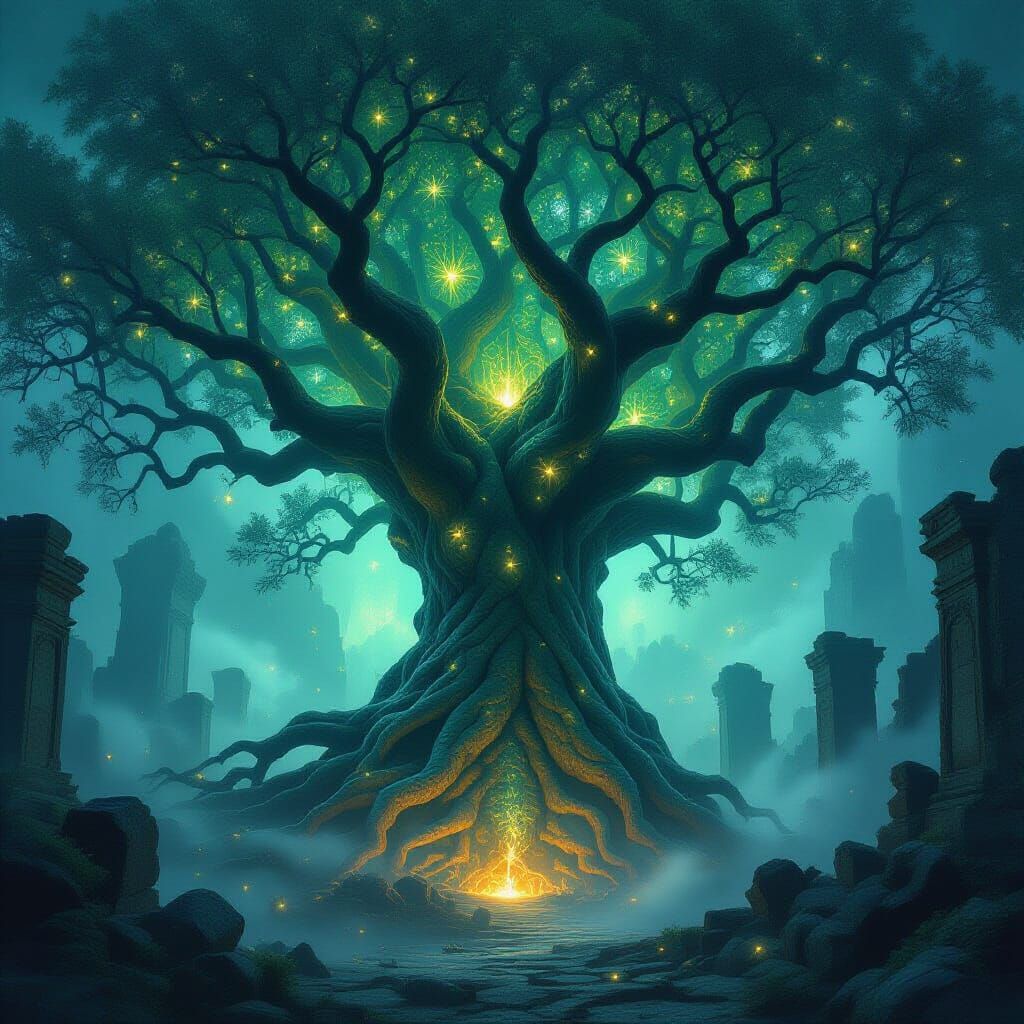 Ancient Bioluminescent Tree and Ruins in Ethereal Mist