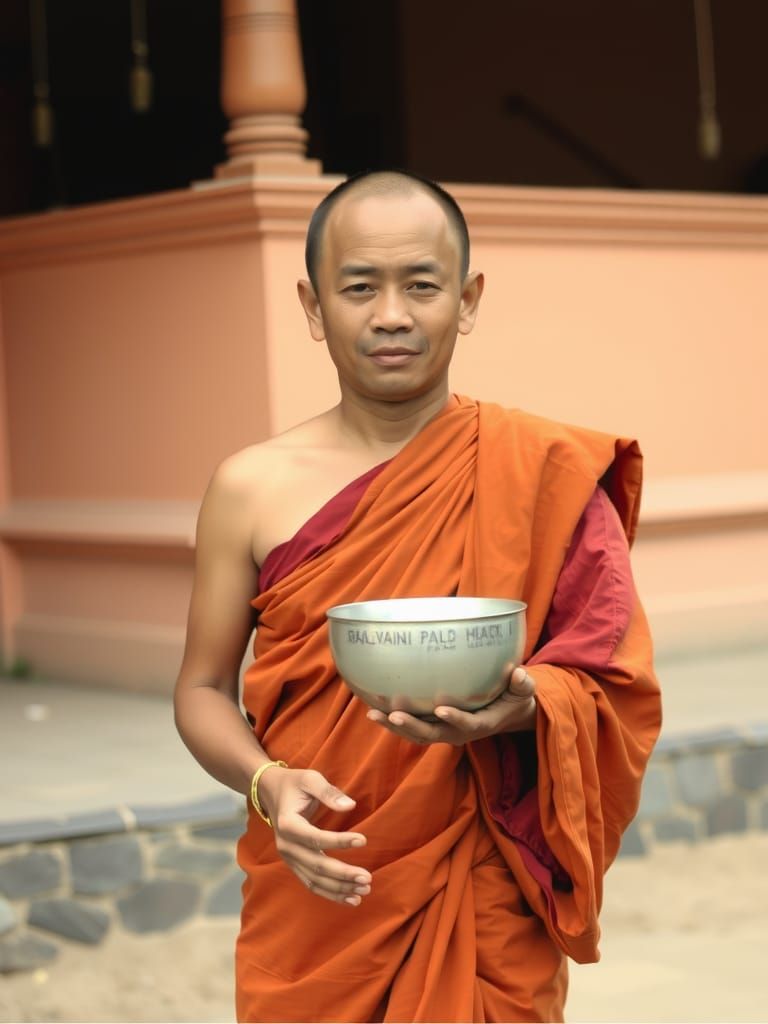 Laotian Buddhist Monk with Begging Bowl