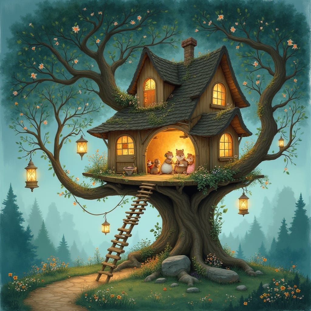 Enchanted Forest Treehouse in Children's Book Style
