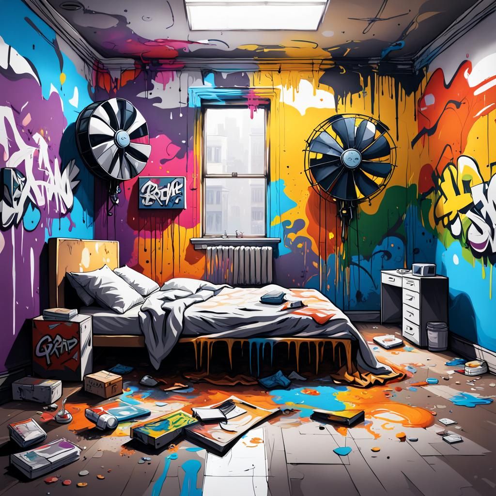 Box Fans in Empty Room: Graffiti Art Style