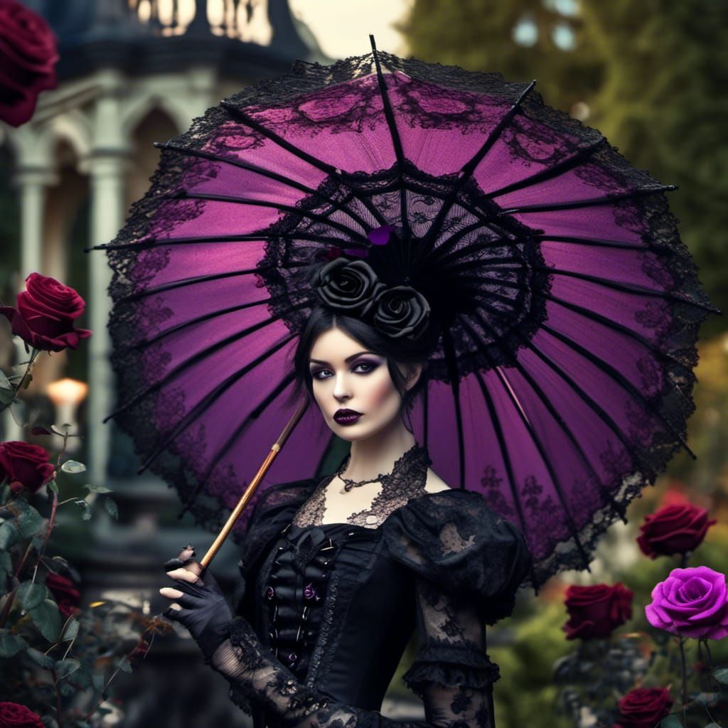 Victorian Vampire with Parasol in Gothic Garden