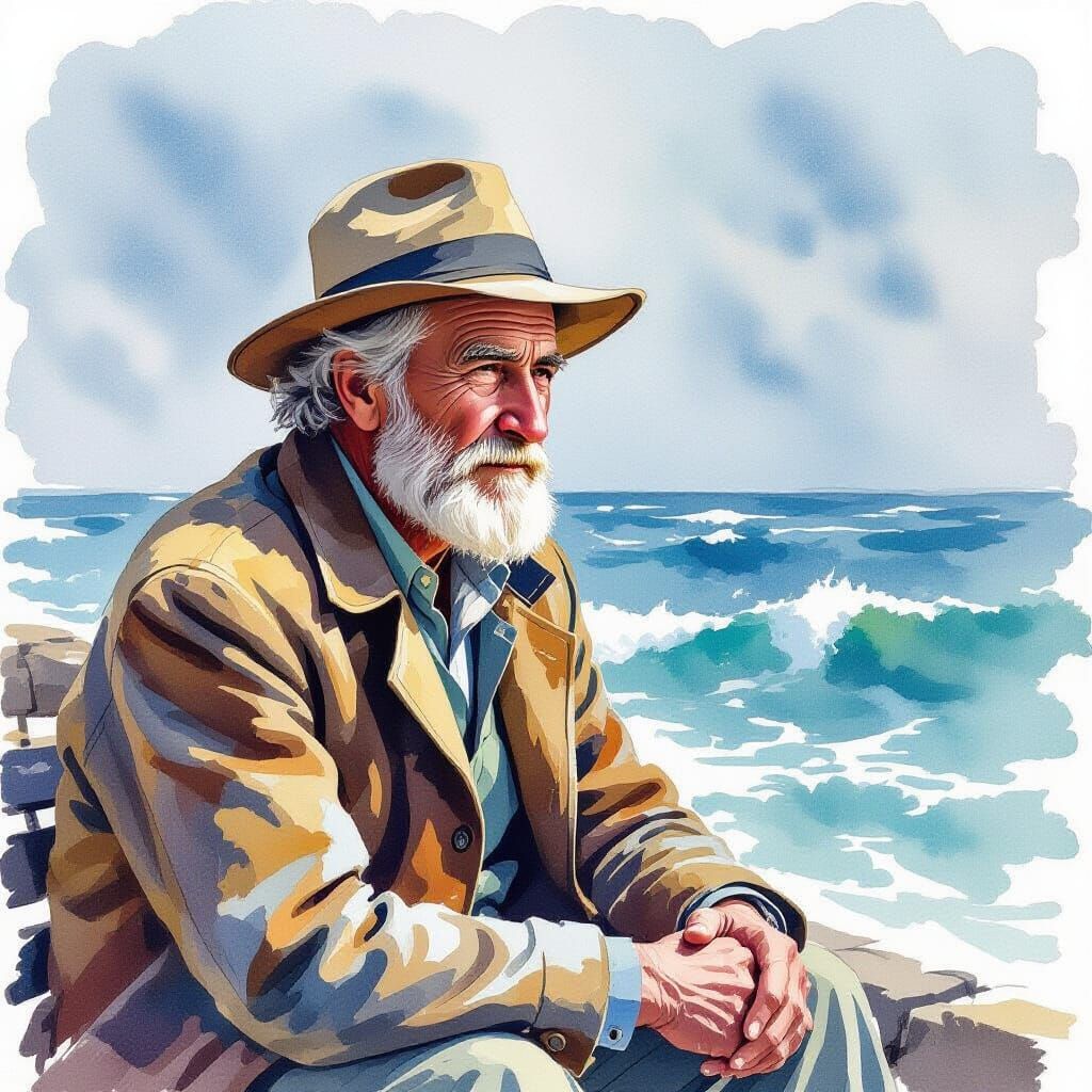 Old Man and Sea in Watercolor Style