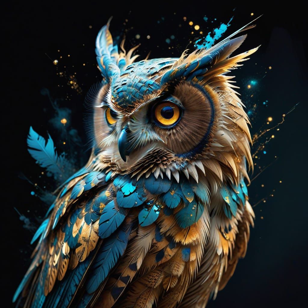 Whimsical Double Exposure Owl in Art Nouveau Style