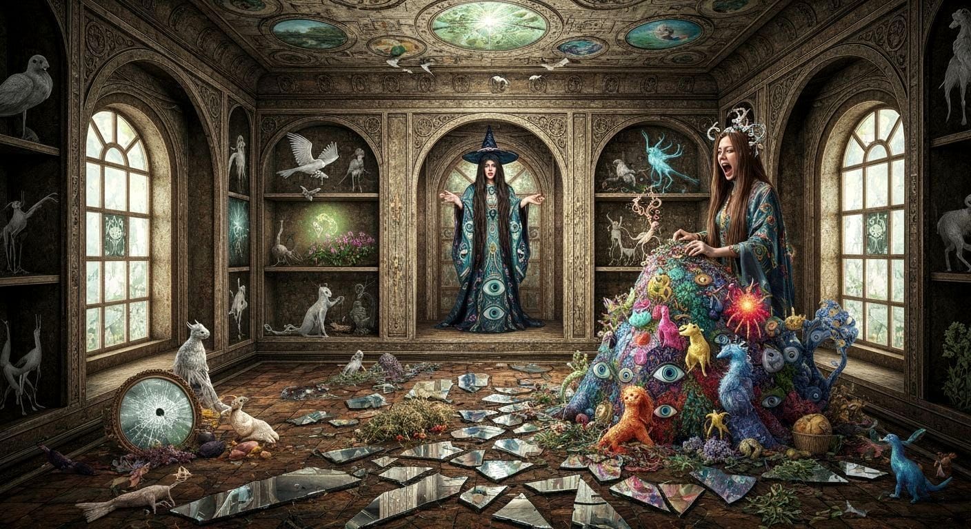 Mystical Witch Crafting Potions in Surreal Spacecraft Room