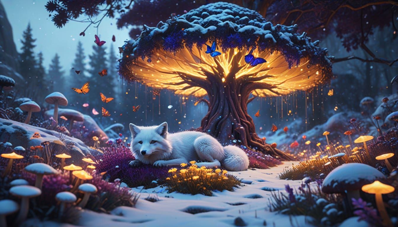 Surreal Arctic Fox Amidst Vibrant, Melting Wonderland