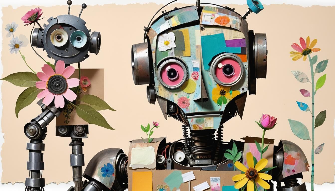 Child Gives Flower to Scrap Robot in Mixed Media Collage