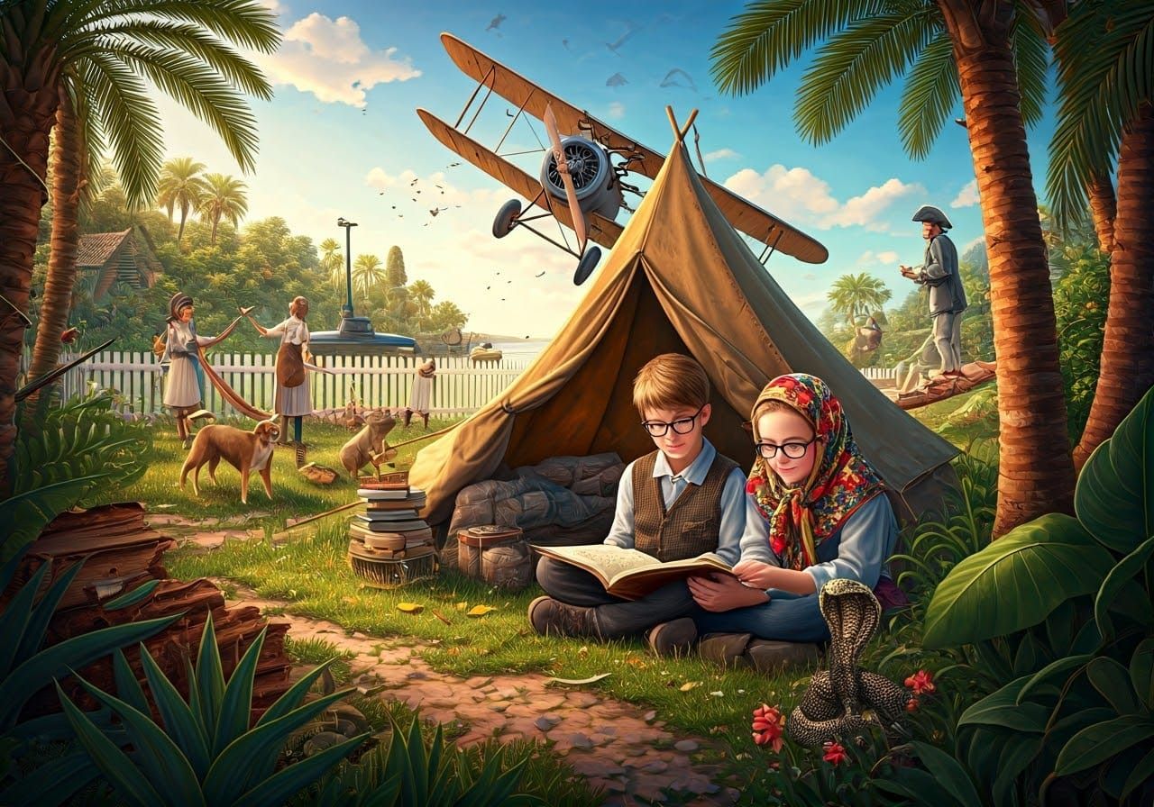 Children in a Whimsical Garden Setting with Aviators and Adv...