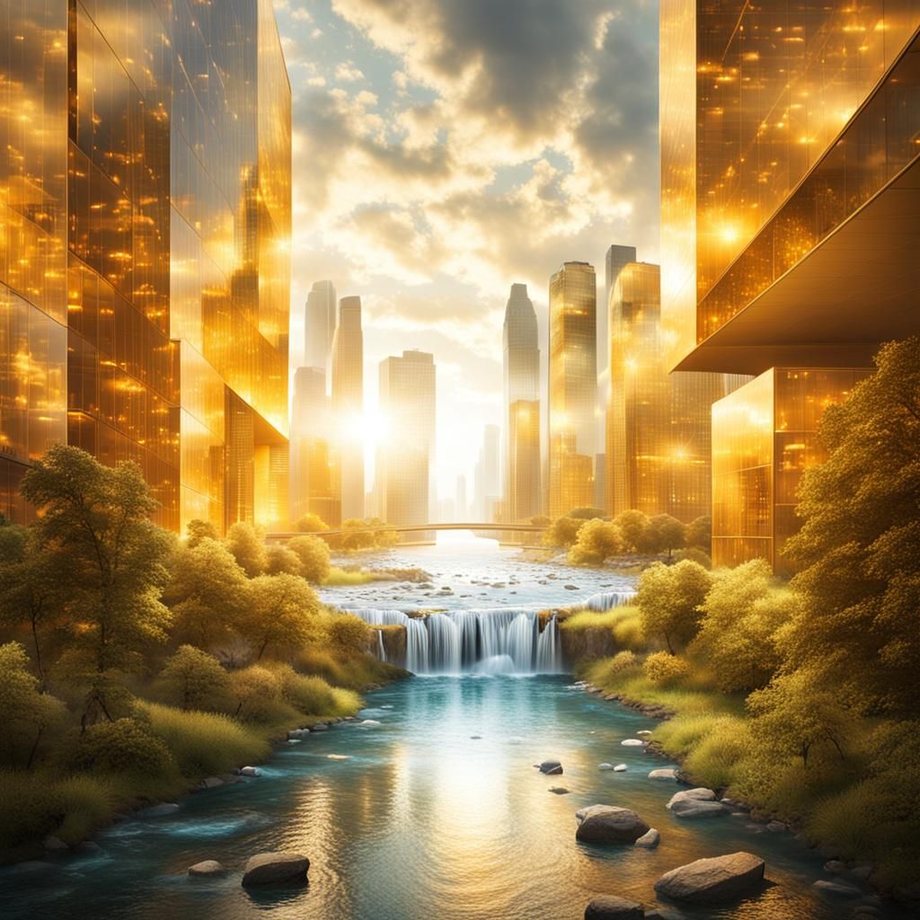 Golden City with Crystal River Radiating Light