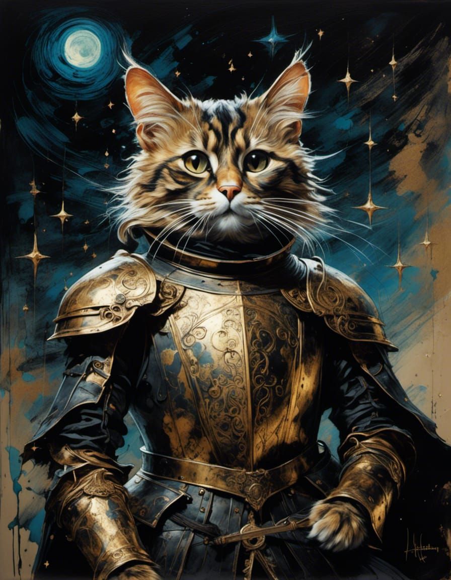 Sir Catalot, knight cat at night