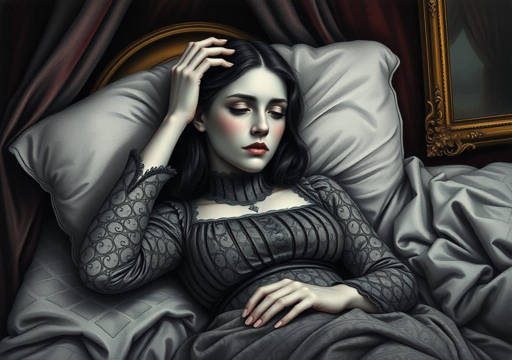 Victorian Woman Conveys Melancholia as Charcoal Illustration