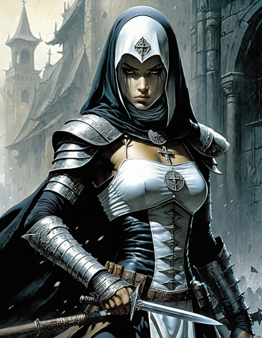 Cyberpunk Warrior Nun in Full Armor