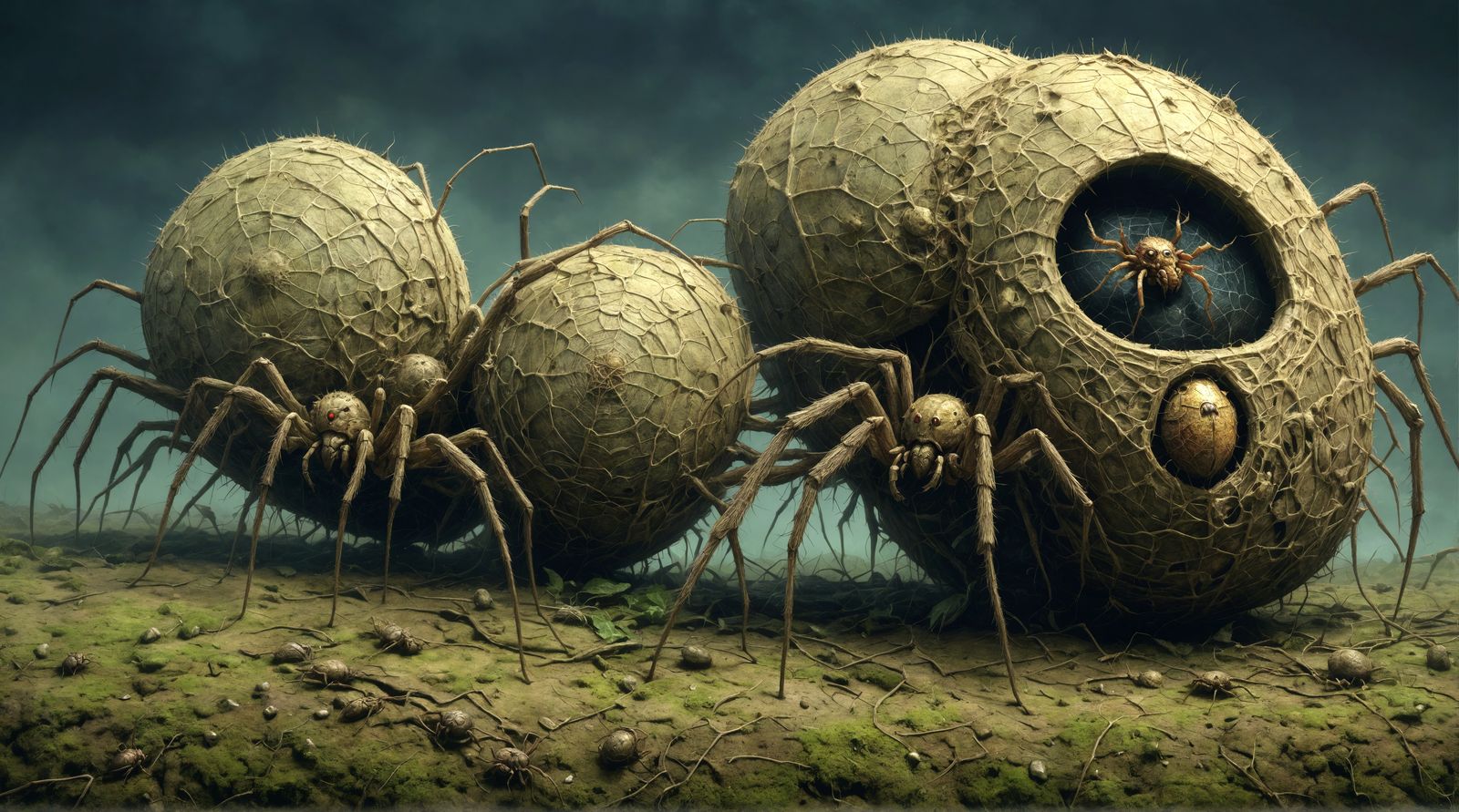 Anthropomorphic Spiders in Dark Surrealist Style