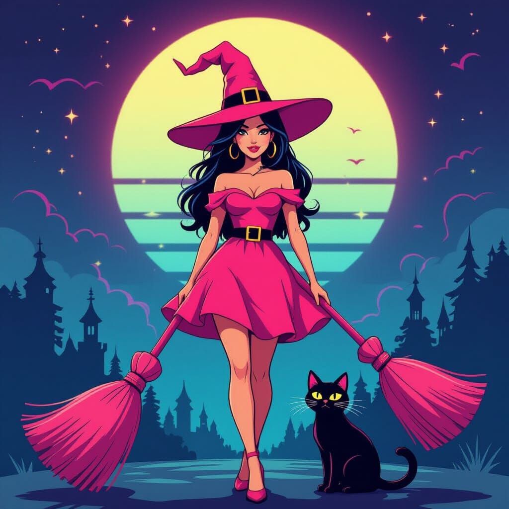 Sassy Pink Witch with Neon Cityscape