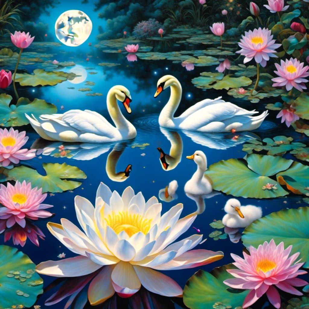 Dreamy Moonlight Garden Pond with Swans