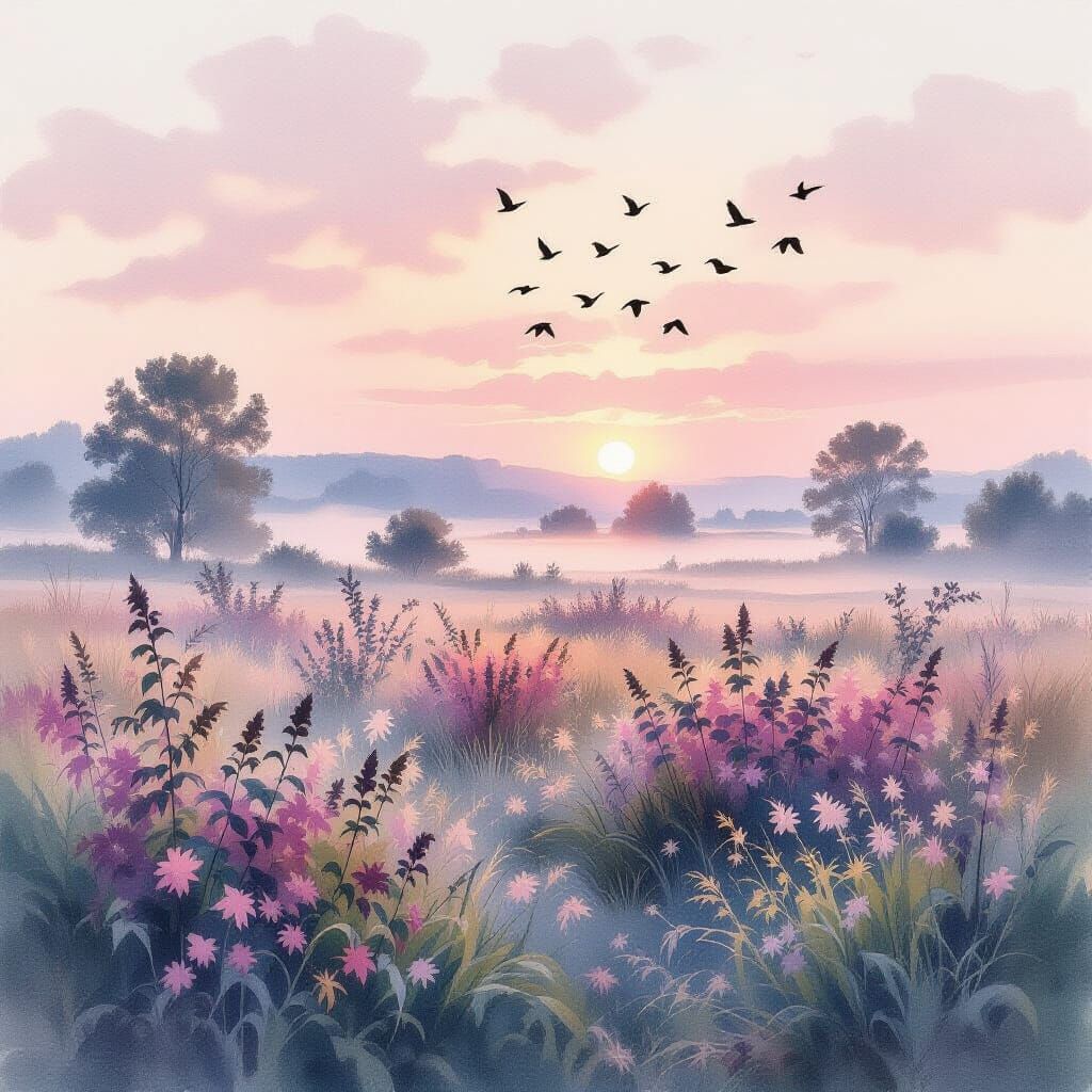 Migratory Birds Soar in Dreamy Watercolor Dawn