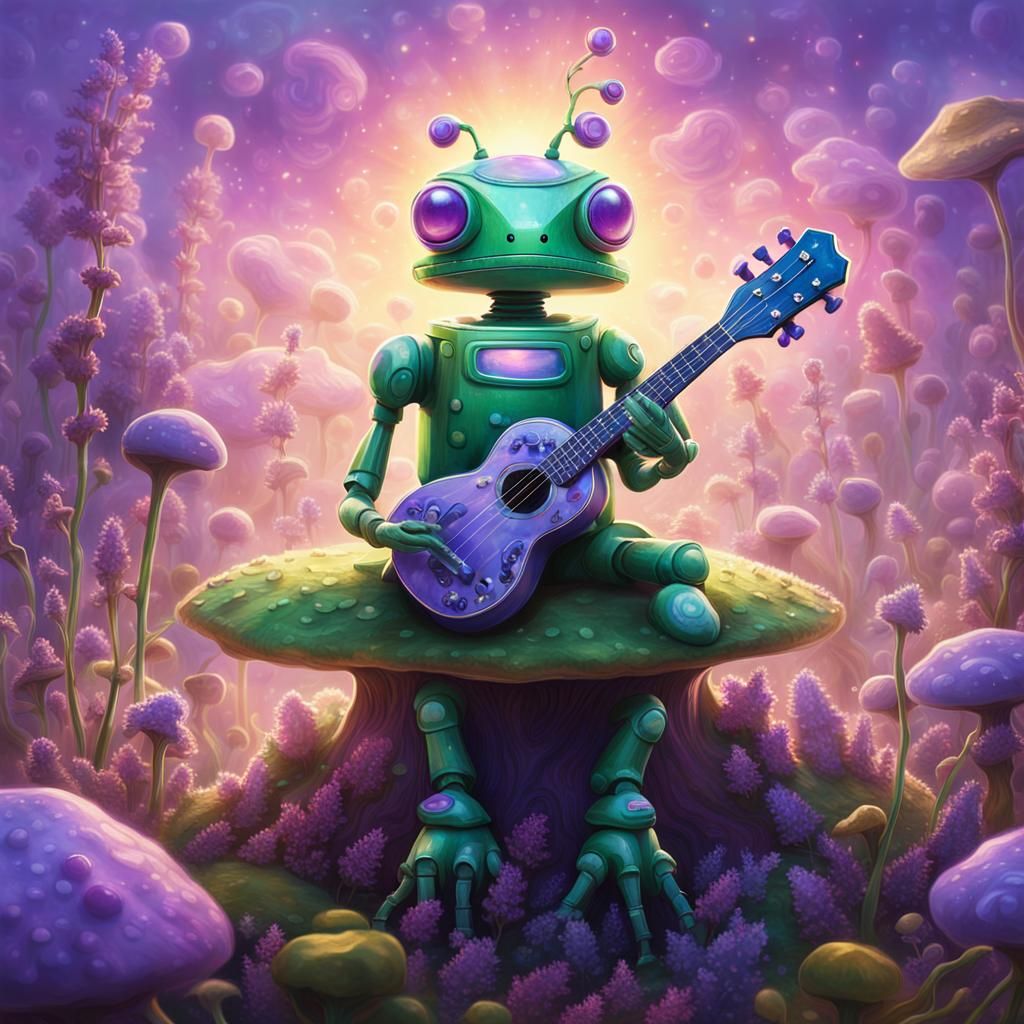 Green Robot on Toadstool in Dreamlike Mist