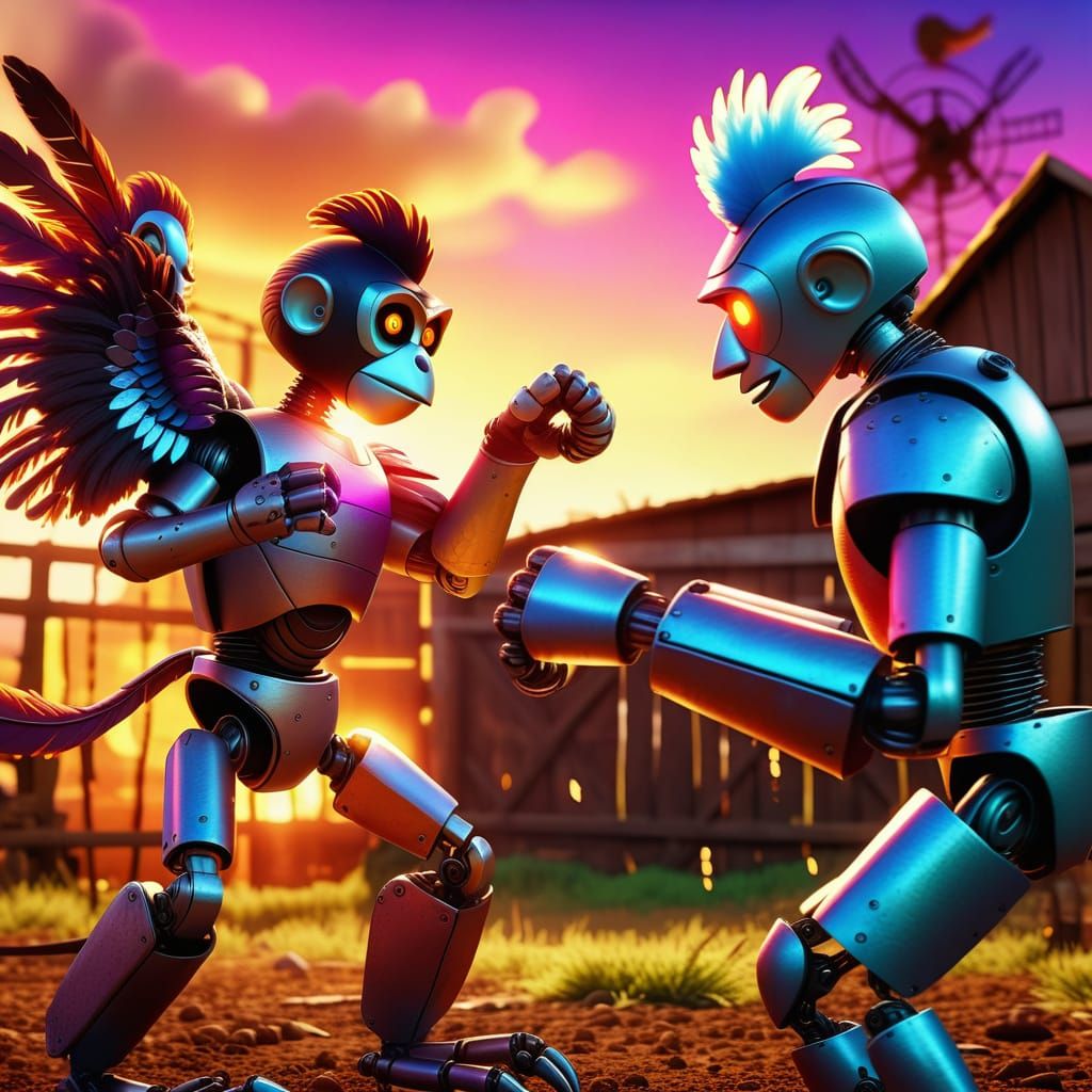 Robot Chicken vs. Robot Monkey in Barnyard, Vibrant Digital ...