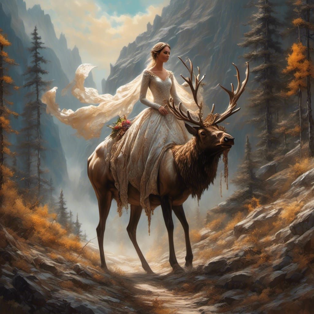 Woman Riding Elk in Forest Canyon: Encaustic Style