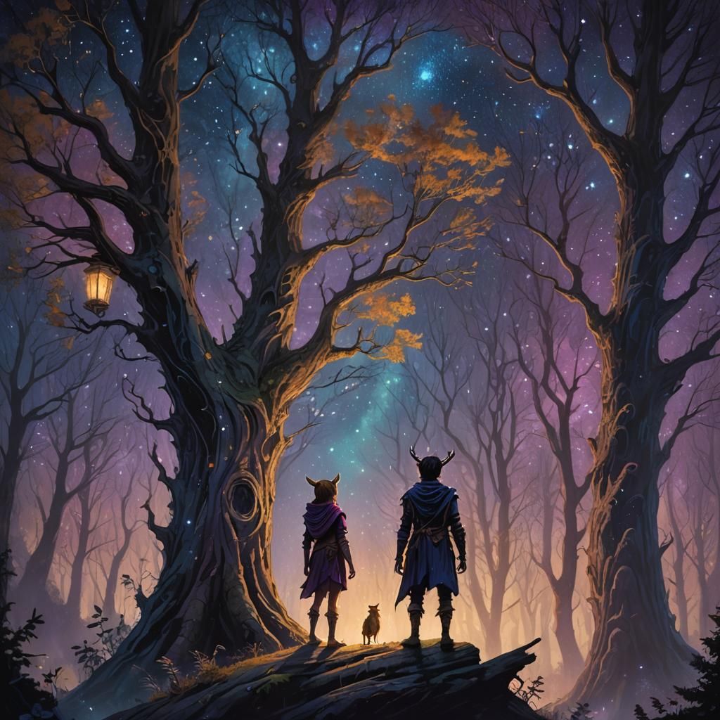 Mystical Forest Encounter under Starry Night Sky