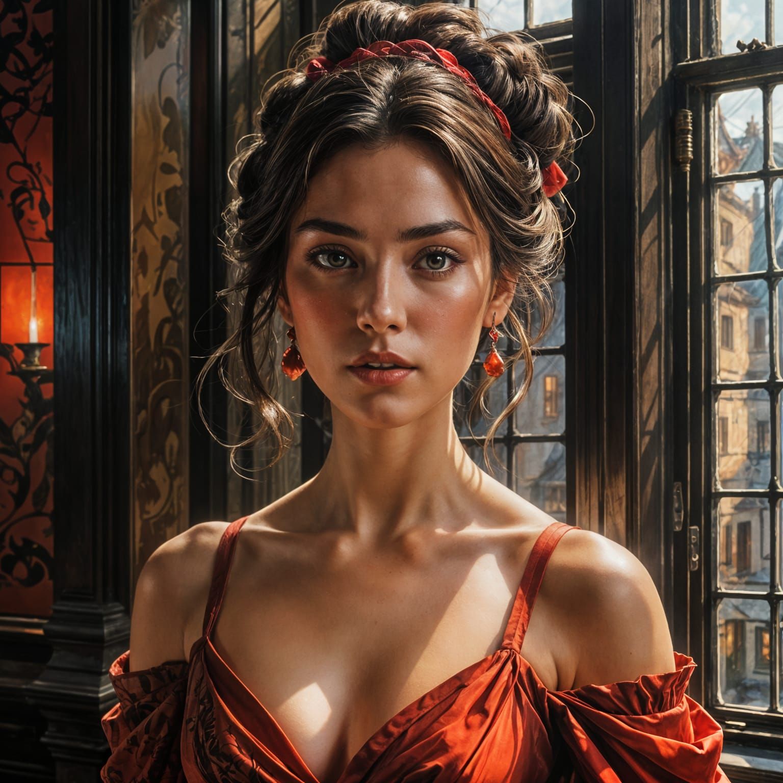 Semi-Realistic Portrait of a Girl in a Red Gown