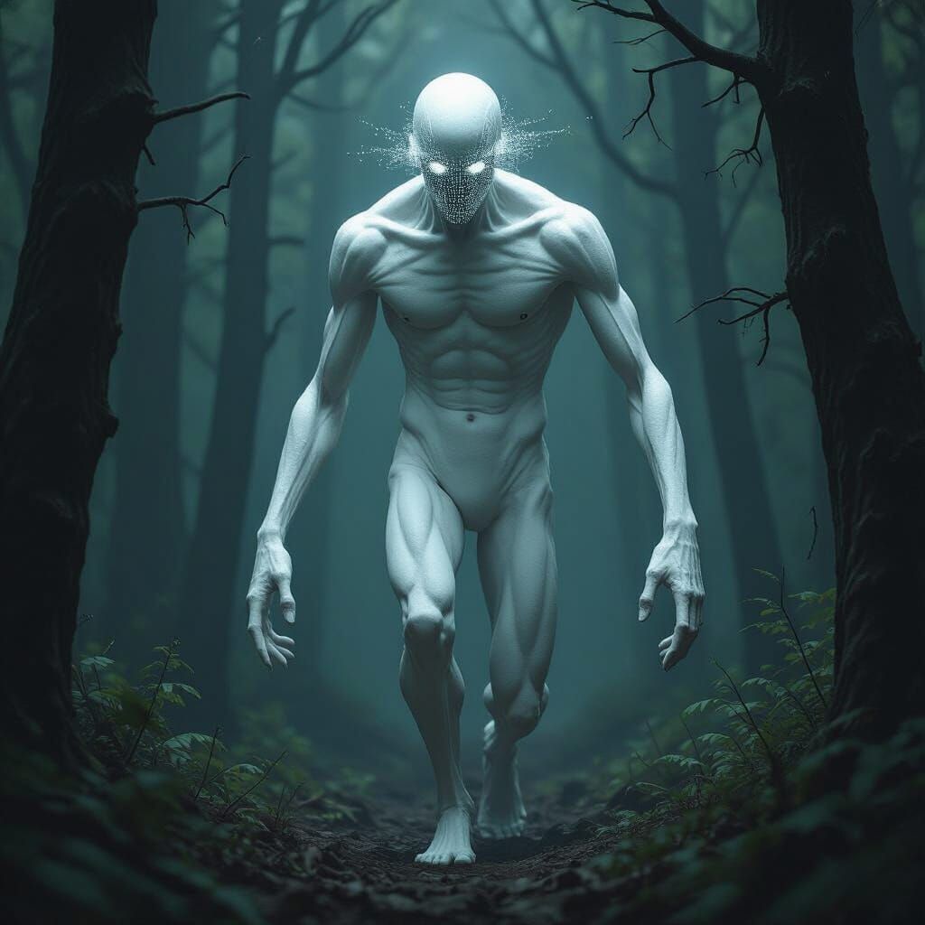 White Static-Faced Creature Roams Dark Forest