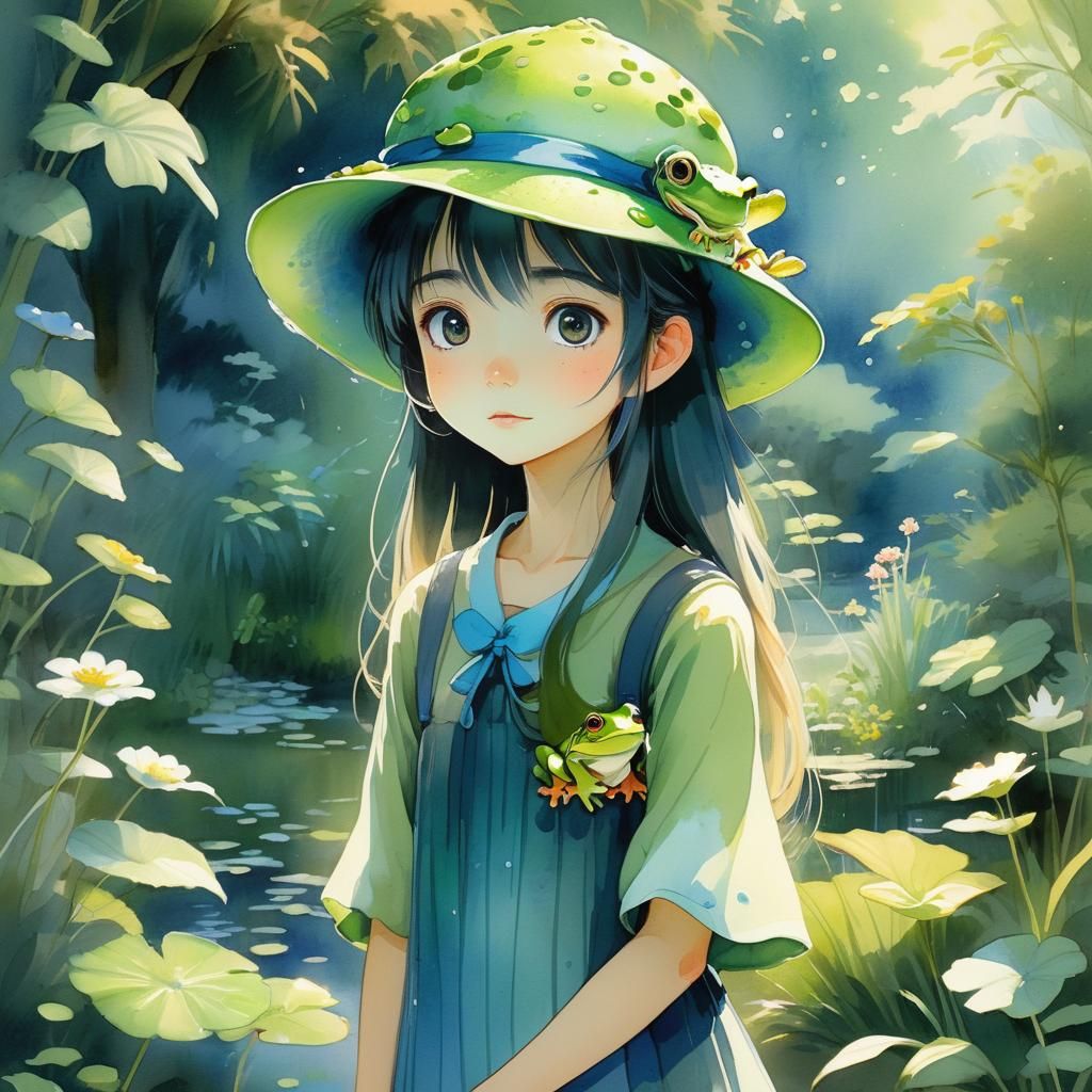 Whimsical Anime Girl in Serene Garden