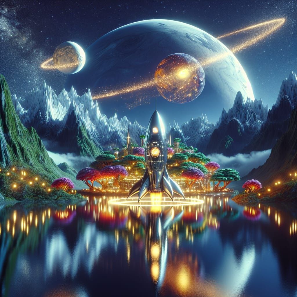 Luxury Rocket Soaring Above Exotic Oasis Planet