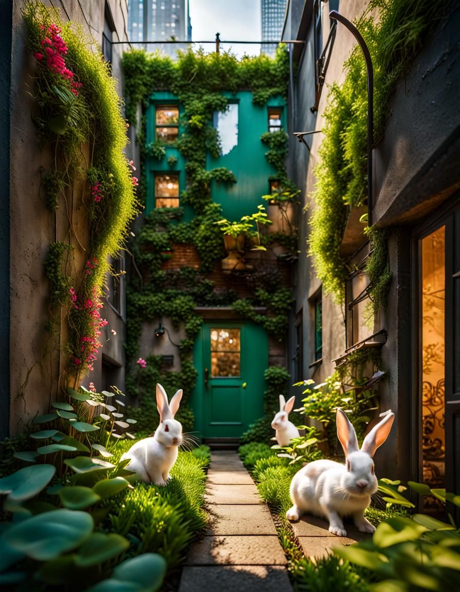 Secret Urban Garden with Bunnies, Graffiti Art