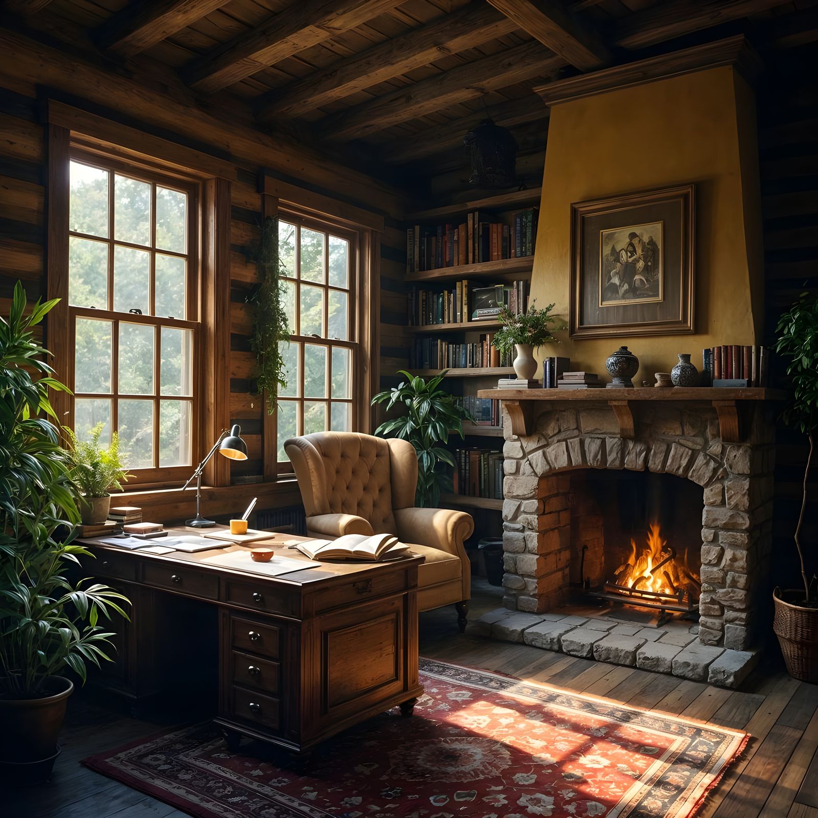 Cozy Oak Study in Atmospheric Style