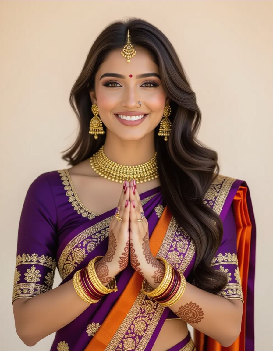 Stunning Indian Woman in Purple Saree with Golden Embroidery