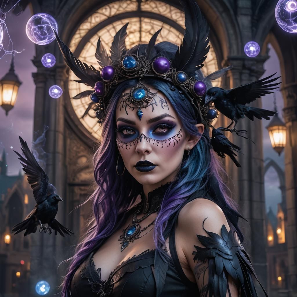 Raven Witch with Magic Orbs in Gothic Setting