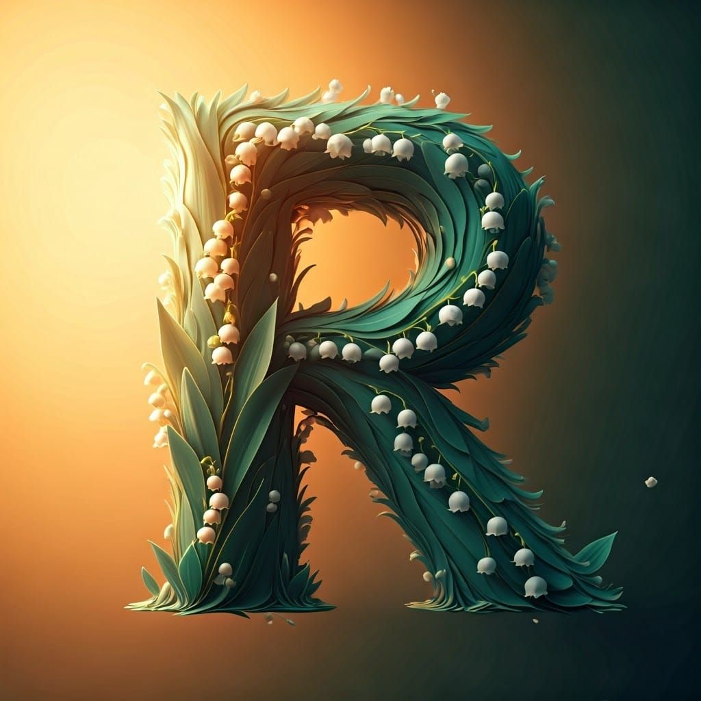 Lily of the Valley Letter R in Art Nouveau Style