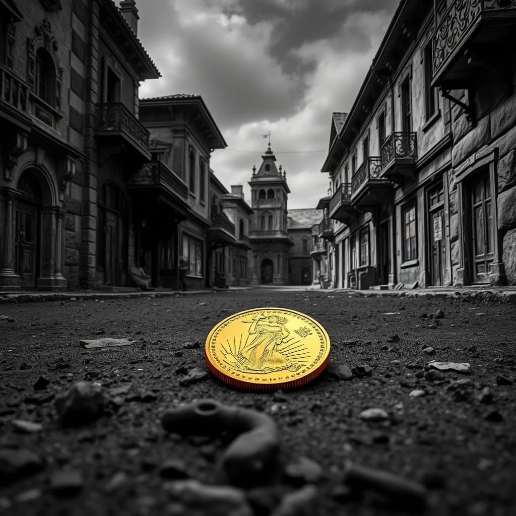 Vibrant Gold Coin Dominates Desolate Monochromatic Townscape