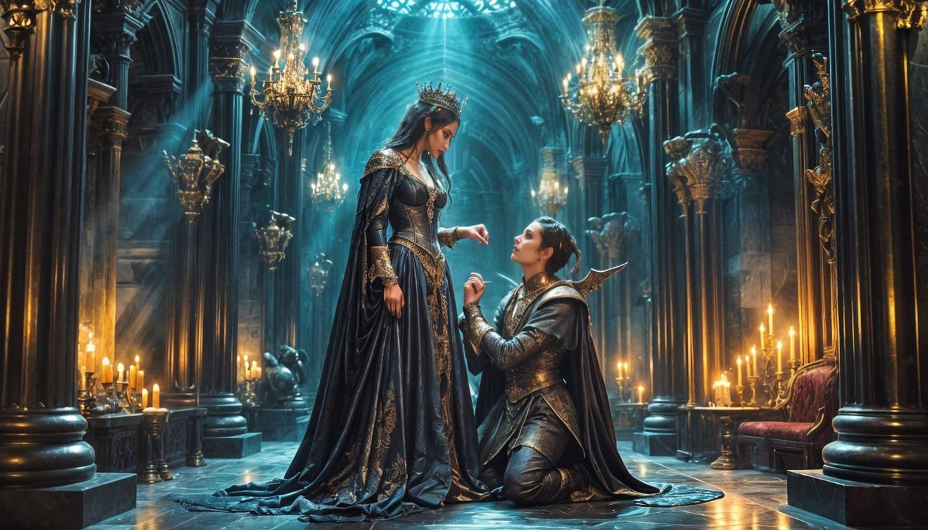 Fantasy Queen with Dagger in Dark Throne Room