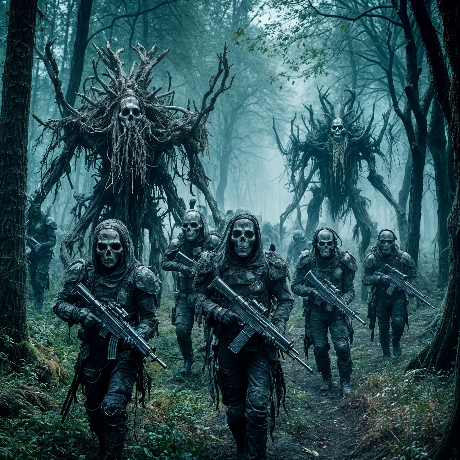 Futuristic Soldiers March Through Decaying Forest