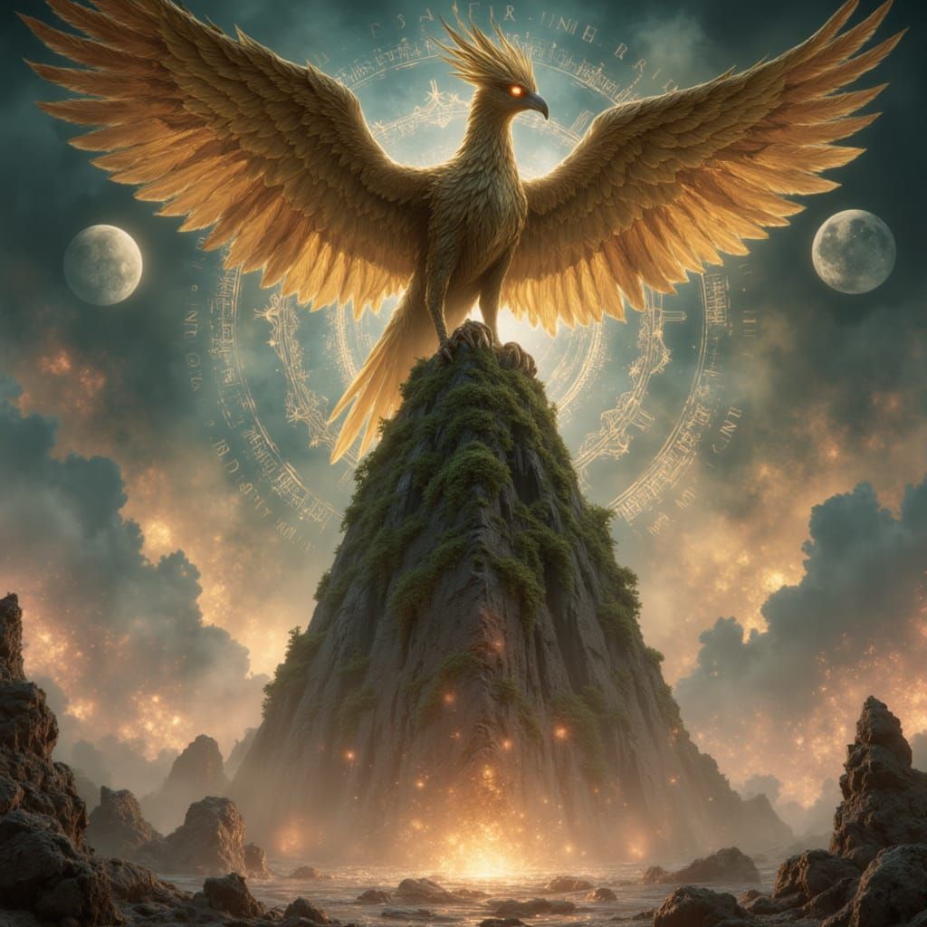 Ancient Golden Griffin Perched on Ziggurat in Nebula