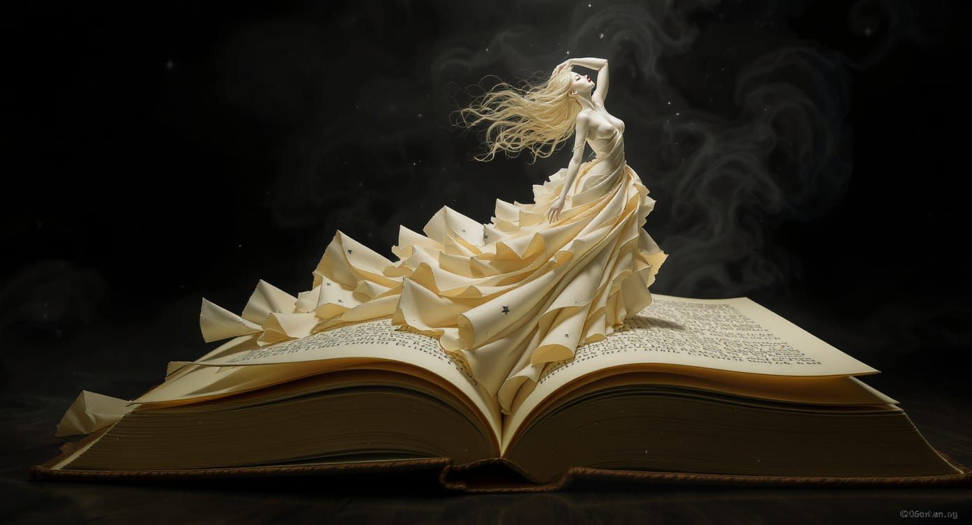 Sculpted Woman Emerges From Book in Surreal Scene